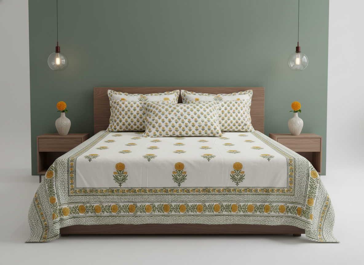 FloraWave Blockprint Percale Cotton King Size Bedsheet