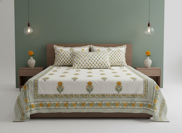 FloraWave Blockprint Percale Cotton King Size Bedsheet
