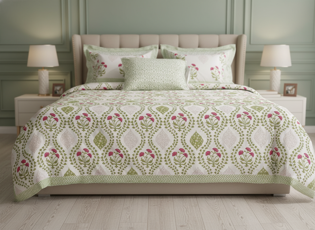 BloomNest Blockprint Percale Cotton King Size Bedsheet