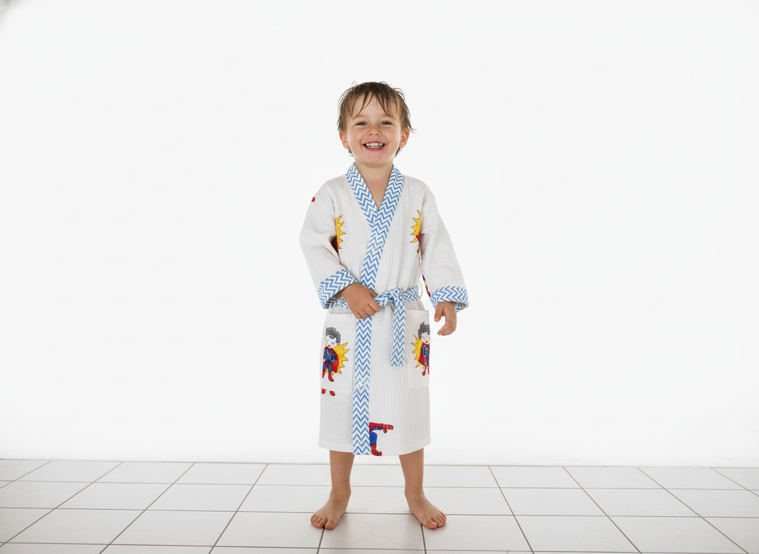 Superman Hand Block Printed Kids Bathrobes