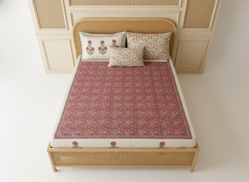Crimson Flora Blockprint Percale Cotton King Size Bedsheet | 450 TC