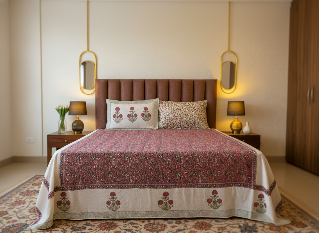 Crimson Flora Blockprint Percale Cotton King Size Bedsheet | 450 TC