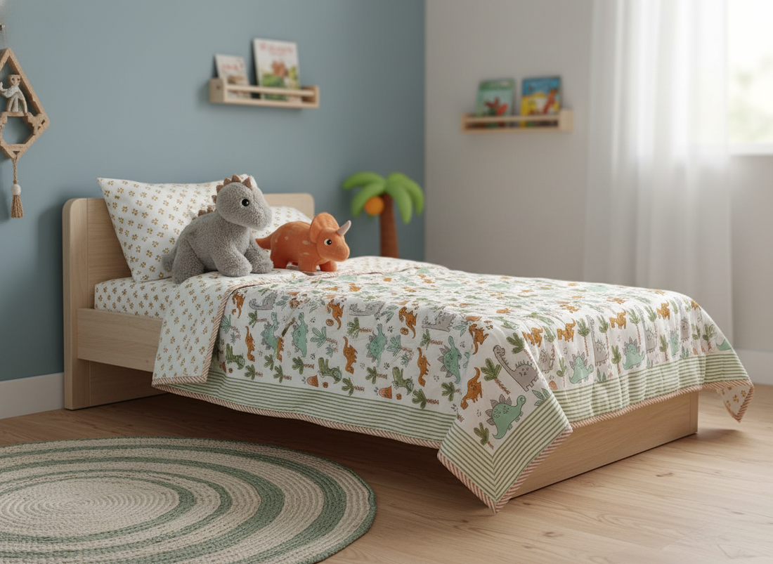 Dino Block Printed Premium Reversible Kids Quilt