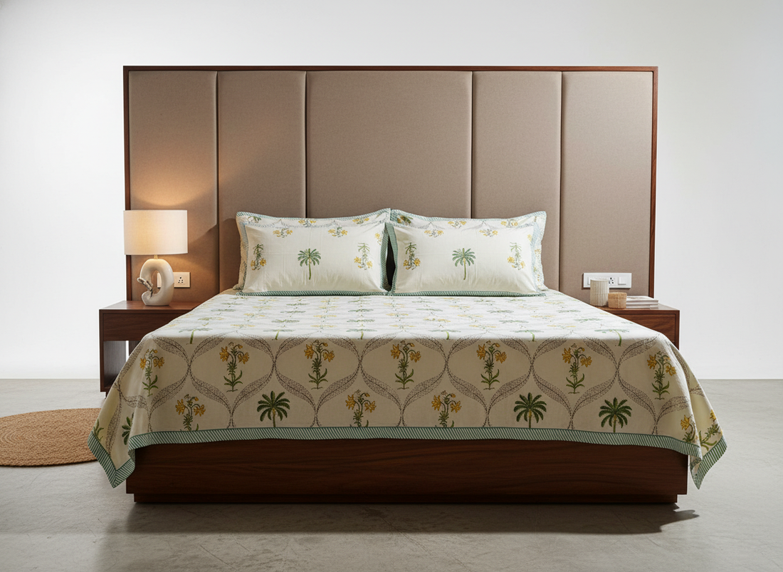 Gulmahal Hand Block King Size Premium Cotton Bedsheet - Yellow