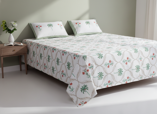 Gulmahal Hand Block King Size Premium Cotton Bedsheet - Green