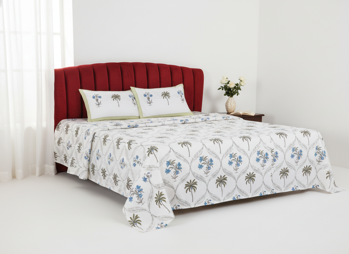 Gulmahal Hand Block King Size Premium Cotton Bedsheet - Blue