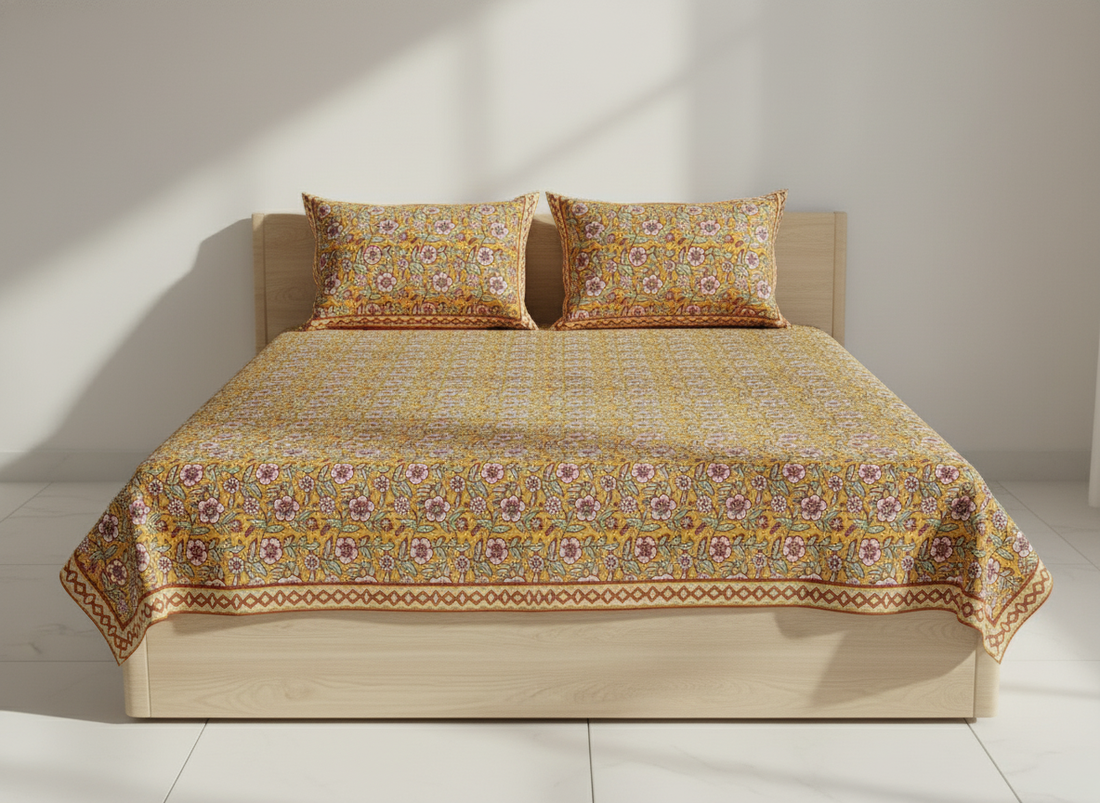 Jodhpur Jewels Hand Block Percale Cotton King Size Bedsheet | 450TC