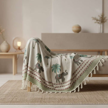 Elephant Palm Hand Block Printed Sofa Throw – 60 x 90 Inches
