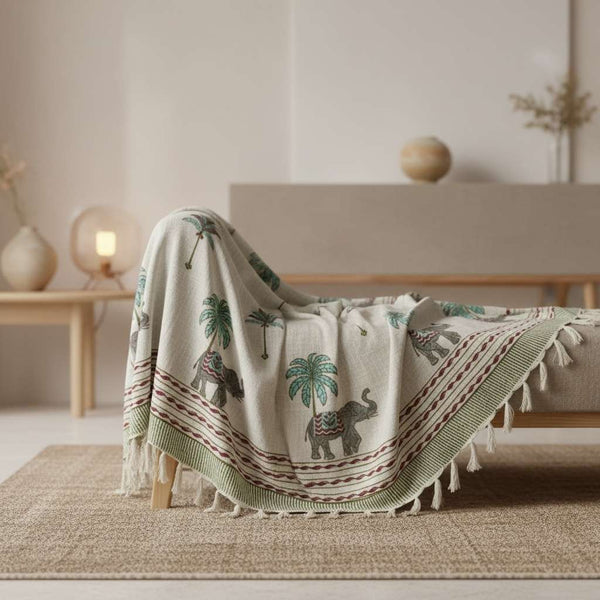 Elephant Palm Hand Block Printed Sofa Throw – 60 x 90 Inches