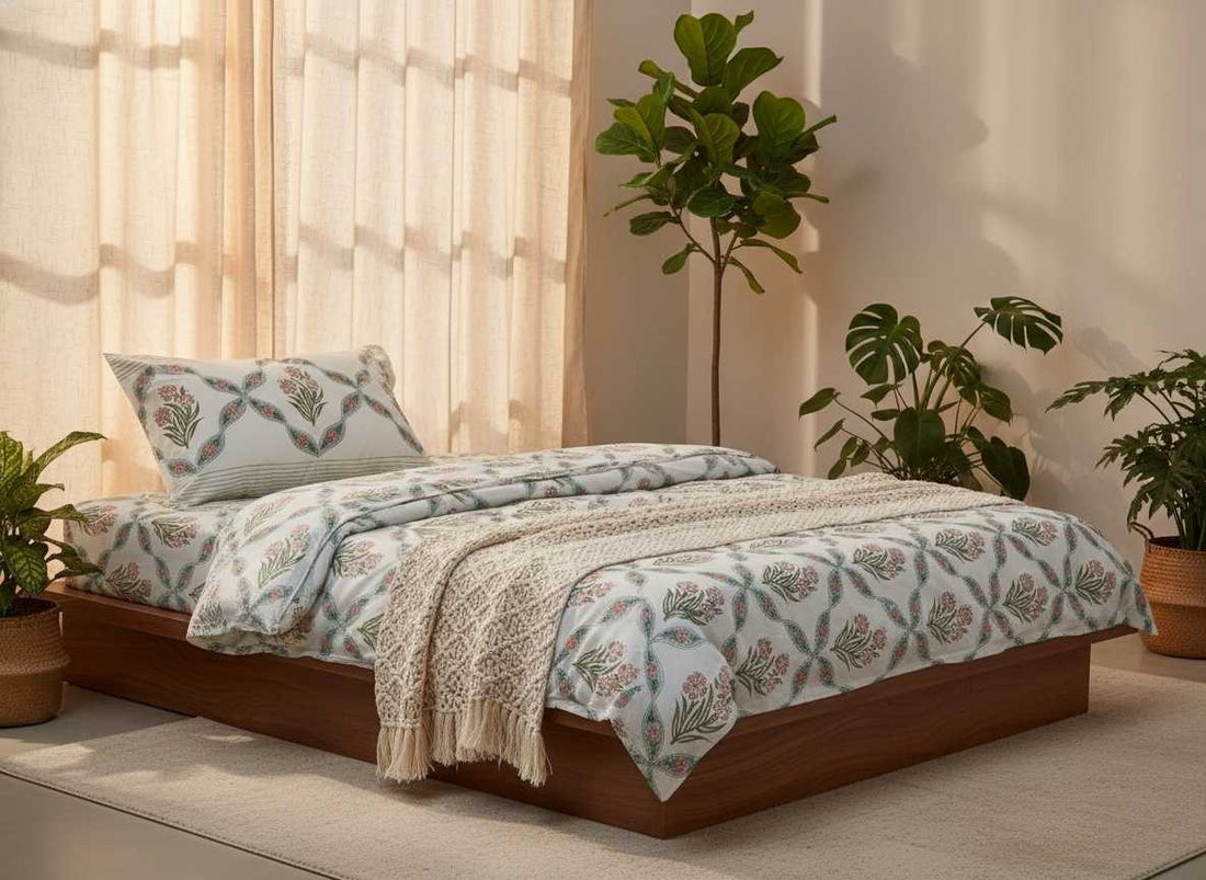 Jaal Blockprint Percale Cotton King Size Bedsheet | 450 TC