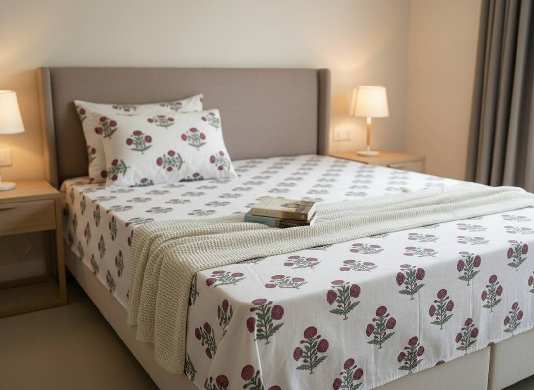 Kashmir Poppy Hand Block Printed Single Bedsheet