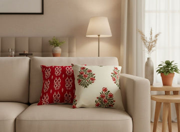 Rosy Bloom Hand Block Printed Cushion Cover - Set of 2