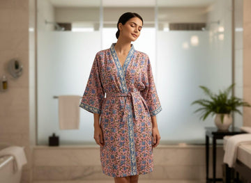Pink Loom Hand Block Printed Unisex Bathrobe - Free Size