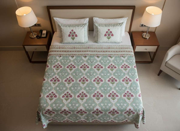 Amaara Blockprint Percale Cotton King Size Bedsheet | 450 TC