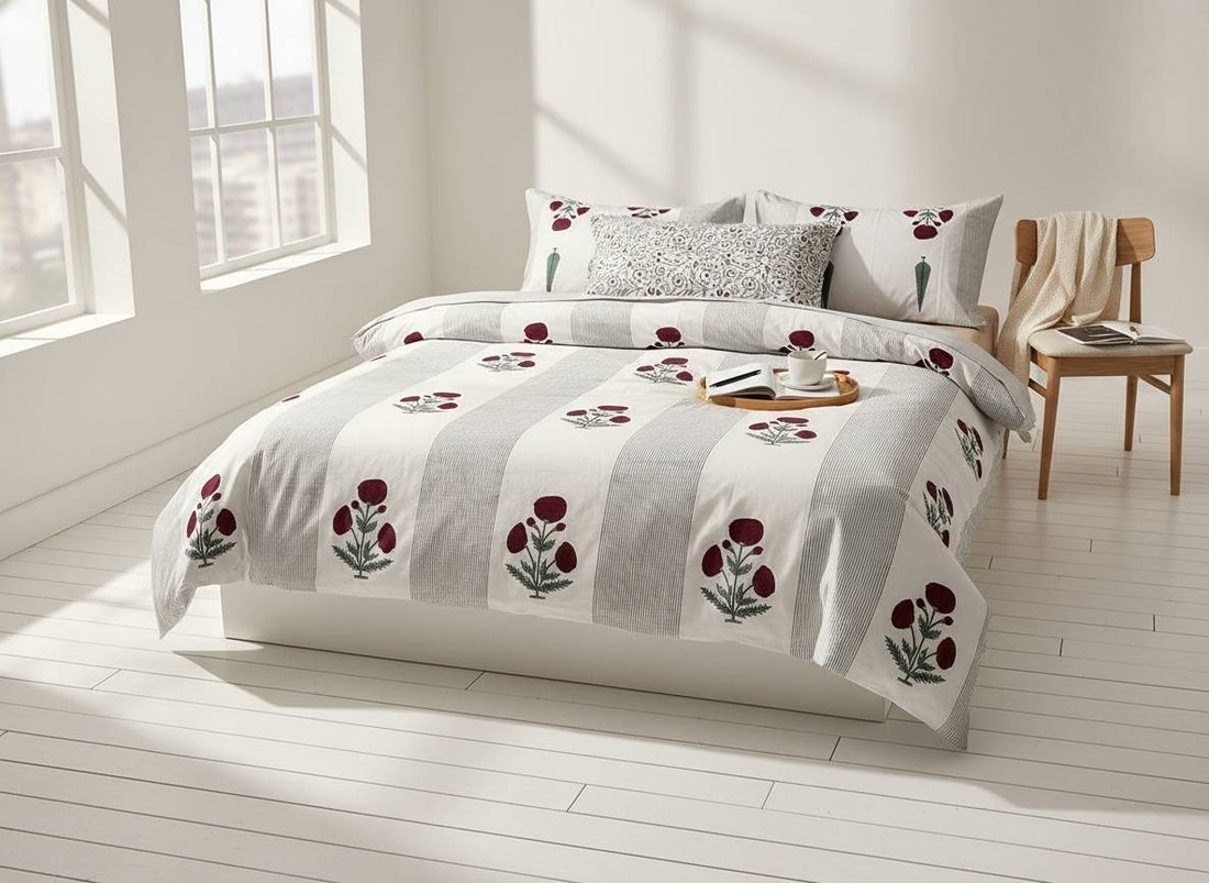 Raaga Blockprint Percale Cotton King Size Bedsheet | 450 TC