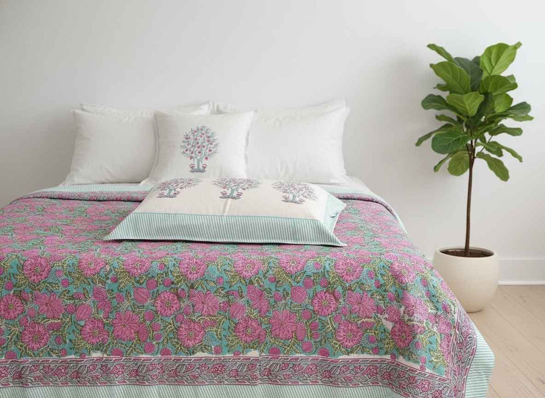 Phoolwari Blockprint Percale Cotton King Size Bedsheet | 450 TC