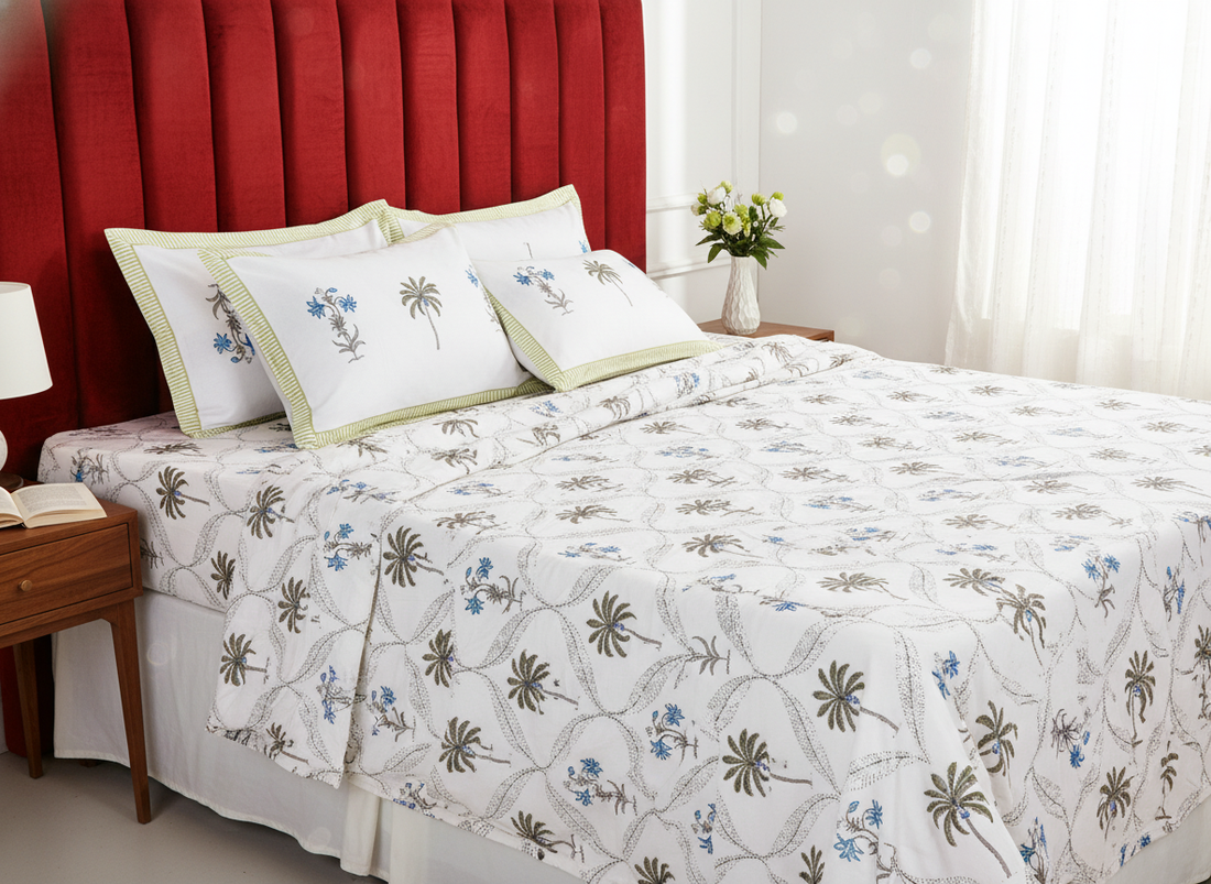 Gulmahal Hand Block King Size Premium Cotton Bedsheet - Blue