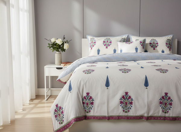 Rangoli Hand Block Printed Percale Cotton King Size Bedsheet | 450 TC