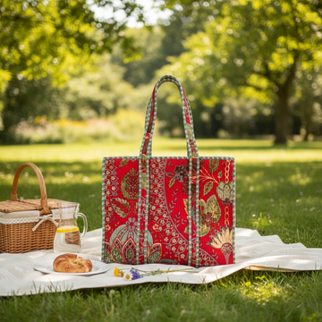 Blooming Hand Block Tote Bag with Zip