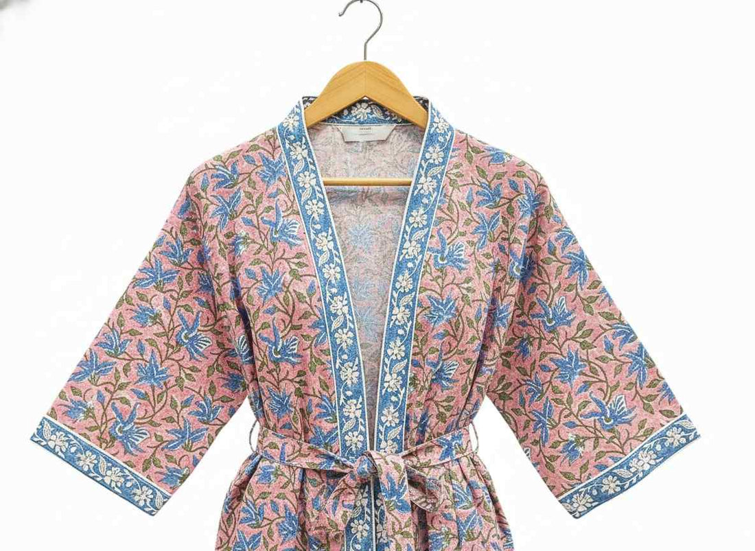 Pink Loom Hand Block Printed Unisex Bathrobe - Free Size