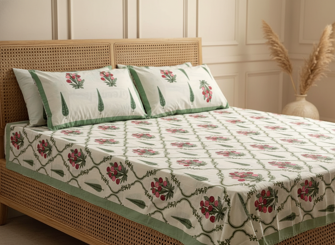 Mint Bloom King Size Premium Cotton Bedsheet