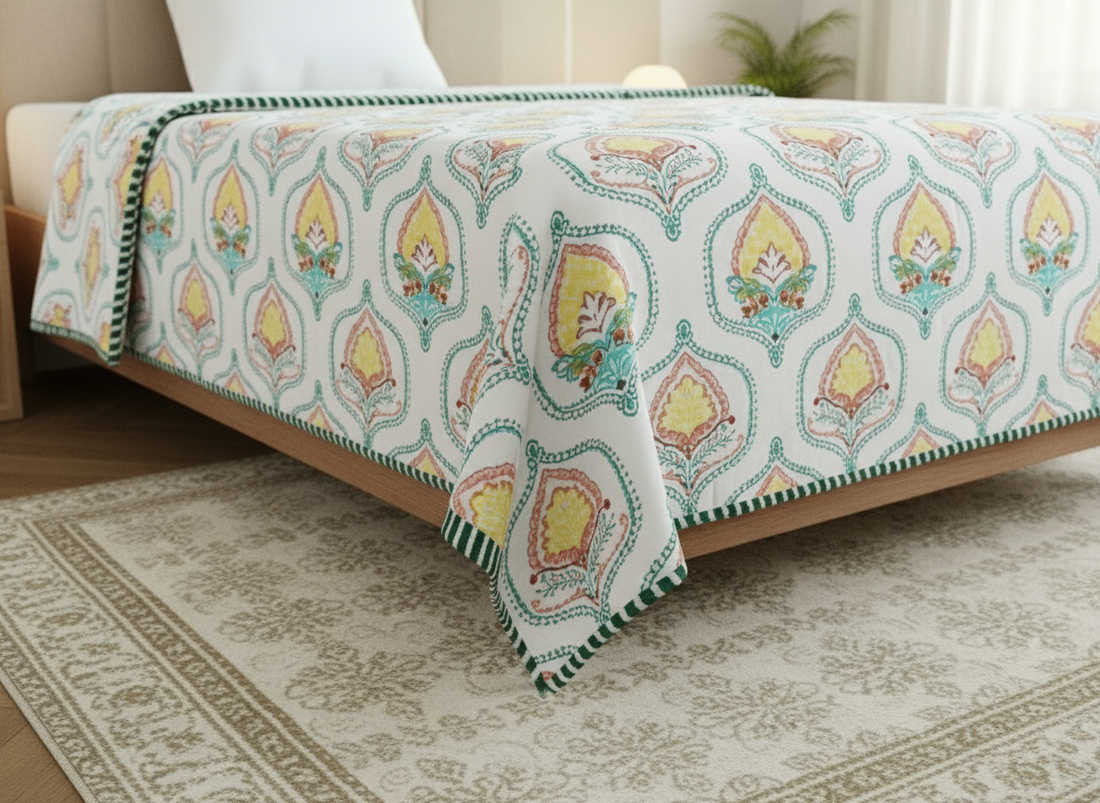 Madhuban Yellow Jaal Mulmul Cotton Reversible Single Dohar