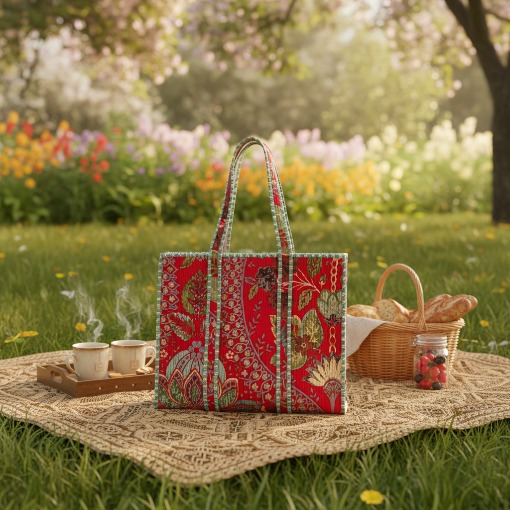 Blooming Hand Block Tote Bag with Zip