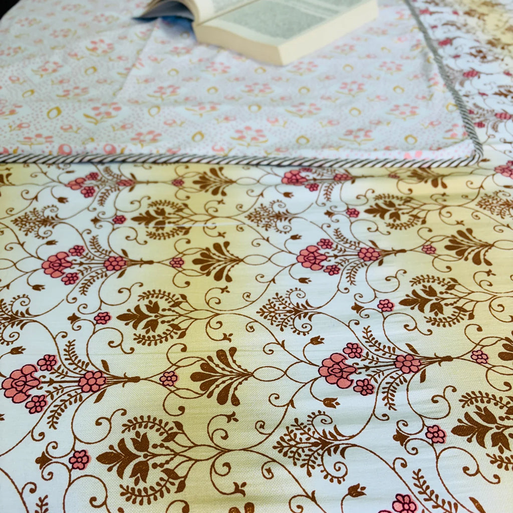 White and Yellow Jaal Mulmul Cotton Reversible Dohar